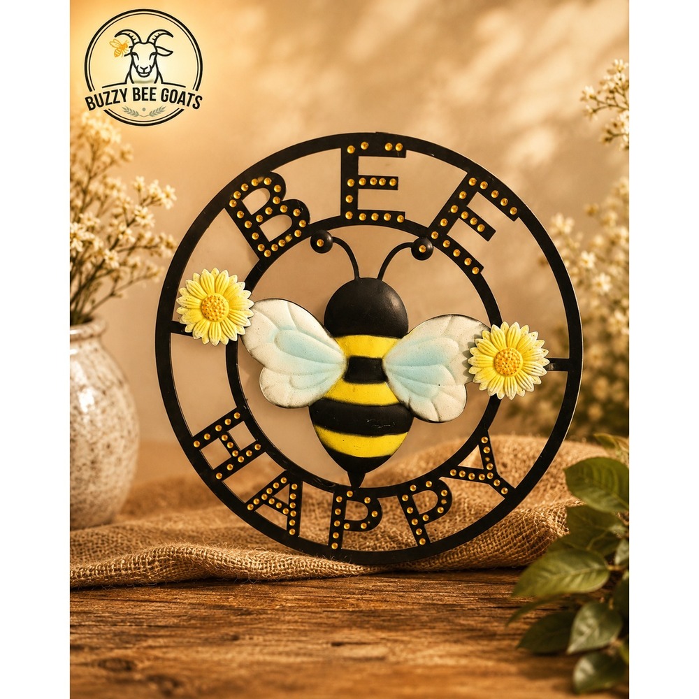 BEE HAPPY METAL WALL ART 3D BUMBLE BEE FLOWER FARMHOUSE DECOR SIGN